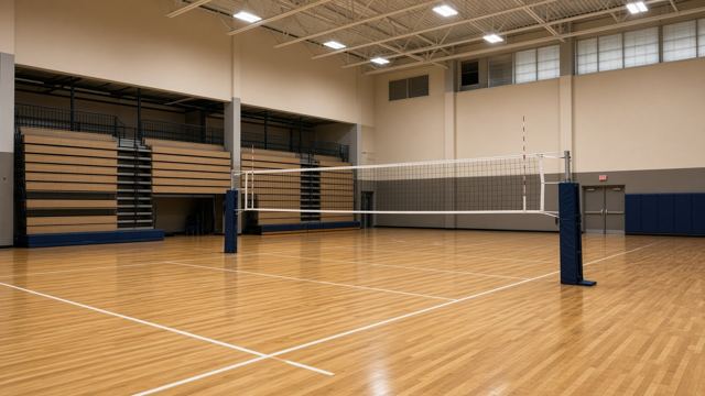 An empty high school gym with a volleyball net on a hardwood court.