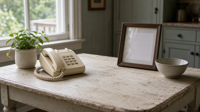 Older adult's kitchen table with a wall calendar and a telephone in a Talbot County home