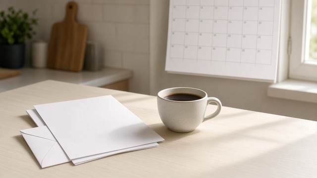 Blank letters and an envelope beside a cup of coffee on a kitchen table, with a wall calendar in the background.