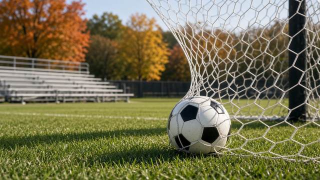 A soccer ball resting against the back of a goal net on a sunlit high school field, with empty aluminum bleachers and orange autumn trees behind