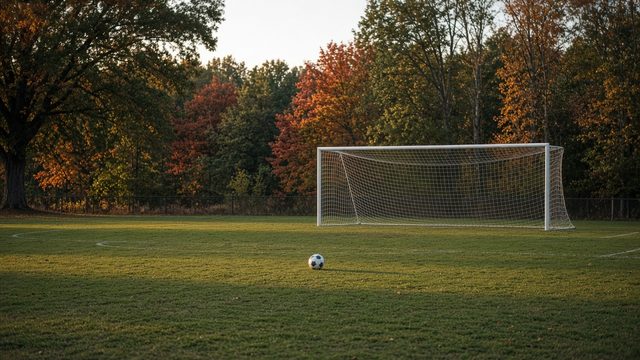 Empty high school soccer field with goal nets at dusk