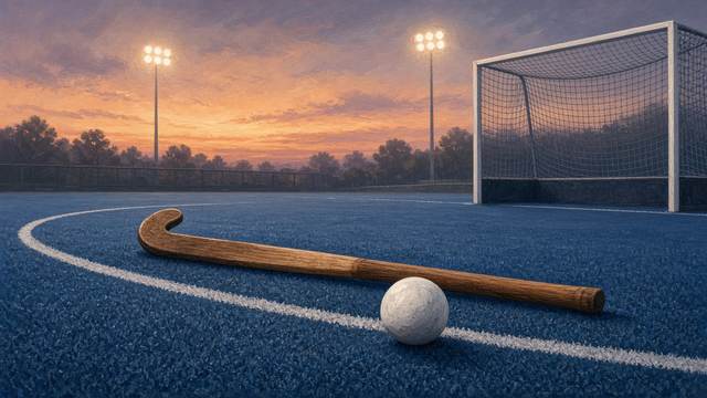A wooden field hockey stick and a white ball on blue turf along the shooting-circle line near a goal cage at dusk under field lights
