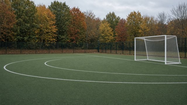 An empty field hockey pitch with a goal cage and white circle lines, autumn trees beyond the fence and no people in view