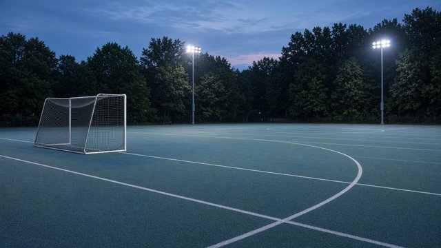 Empty field hockey turf at dusk with a goal cage under lights