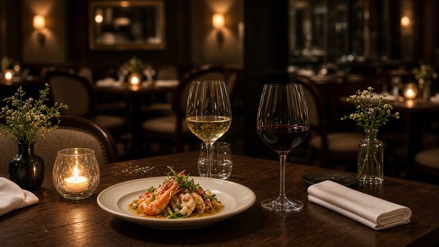 Candlelit restaurant table with seafood and wine glasses
