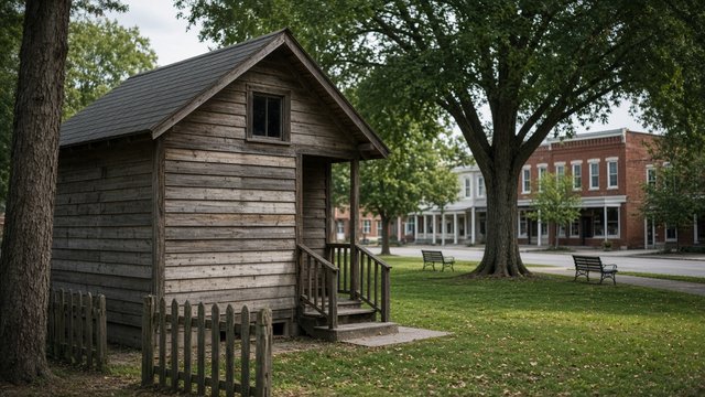 Small wooden meeting cabin beside a town square in St. Michaels