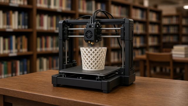 A small 3D printer building a plastic part on a library worktable