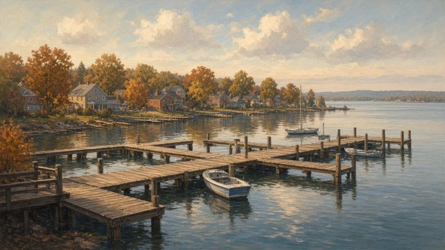 Small wooden boat slips along a town harbor bulkhead on Maryland's Eastern Shore