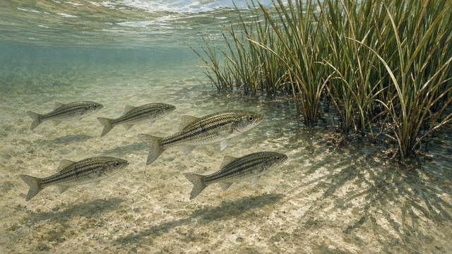 Six young striped bass with dark side stripes swim over a sandy bottom in shallow water beside a stand of marsh grass