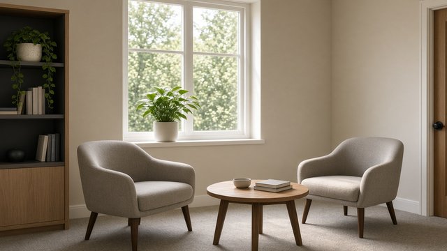 An empty school counseling office with two chairs and a small table near a window