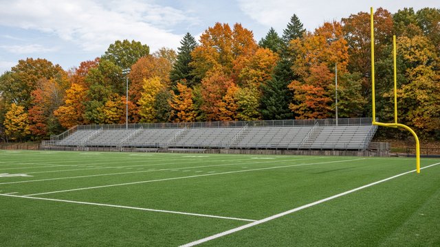 Empty college football stadium with fall trees behind the bleachers