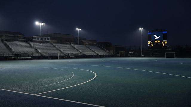 College field hockey scoreboard after a double-overtime final at Sea Gull Stadium