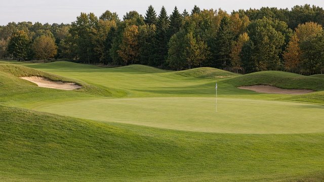 An empty golf green and flagstick on a rolling course in early autumn light, bunkers and a tree line in the background and no people in view