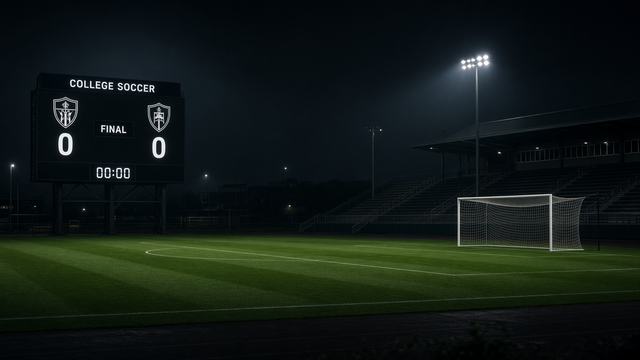College soccer scoreboard showing a 0-0 final after a defensive match