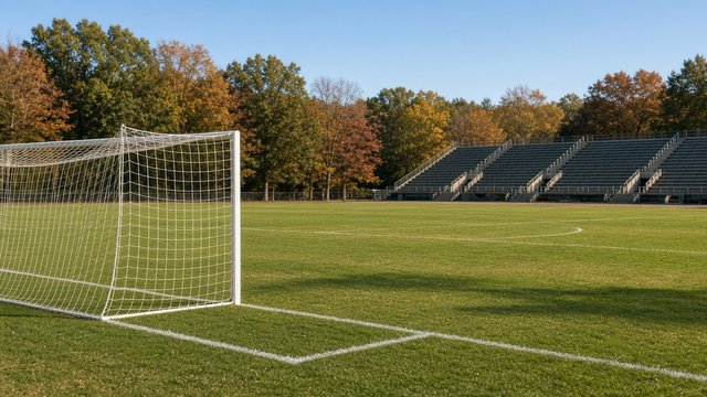 Photorealistic afternoon photo of an empty college soccer field with a goal and net in the foreground, painted lines on green grass and empty stands under a clear autumn sky, no people in view