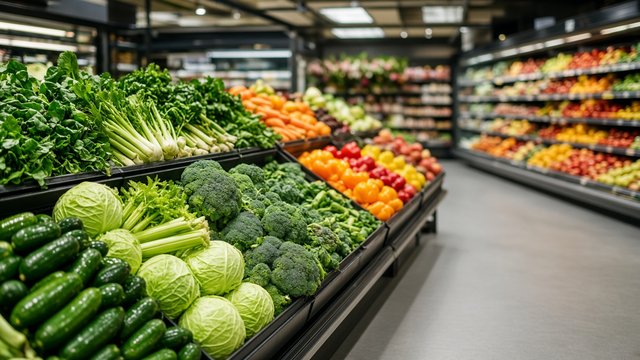 Grocery store produce aisle with fresh vegetables