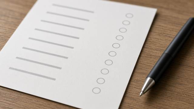 A blank paper ballot with rows of empty ovals on a wooden table beside a black pen