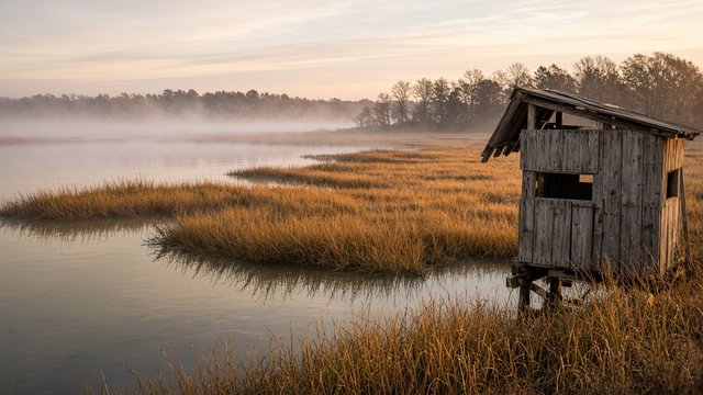 Empty Eastern Shore tidal marsh at dawn with a wooden duck blind