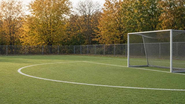 Photorealistic late-afternoon photo of an empty field hockey pitch with a goal cage and white striking-circle lines, autumn trees behind the fence and no people in view