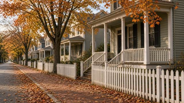 A row of older wood-frame houses with white porches and picket fences along a brick sidewalk on a tree-lined street covered in autumn leaves
