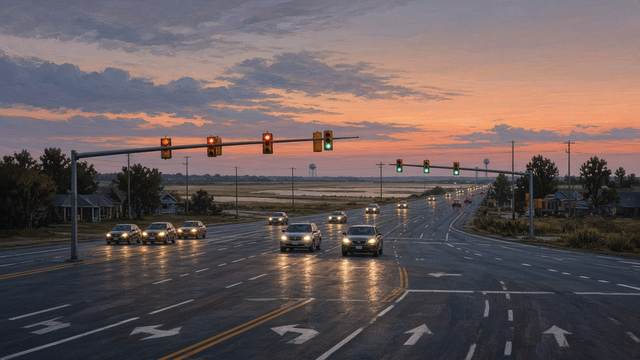Cars with headlights on wait at a wide highway intersection under hanging traffic signals at dusk