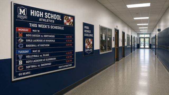 High school athletics schedule board for a Monday-Tuesday slate