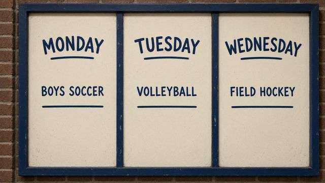 High school athletics schedule board for a Monday-through-Wednesday slate