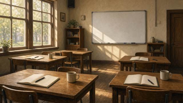 An empty classroom with wooden tables holding open notebooks, pens and coffee mugs, a blank whiteboard and sunlit windows