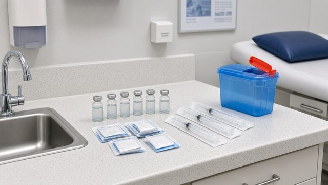 Vaccine vials and syringes on a clinic tray