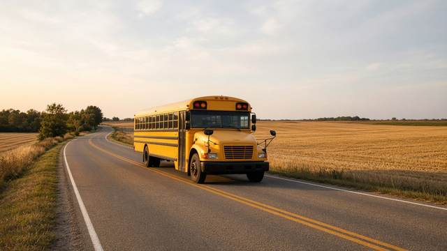 A yellow school bus on a rural two-lane road past harvested farm fields in late afternoon light