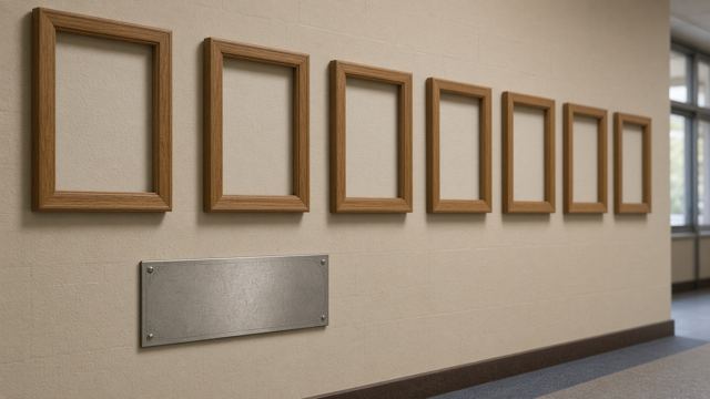 Empty picture frames and a blank plaque on a school hallway wall.