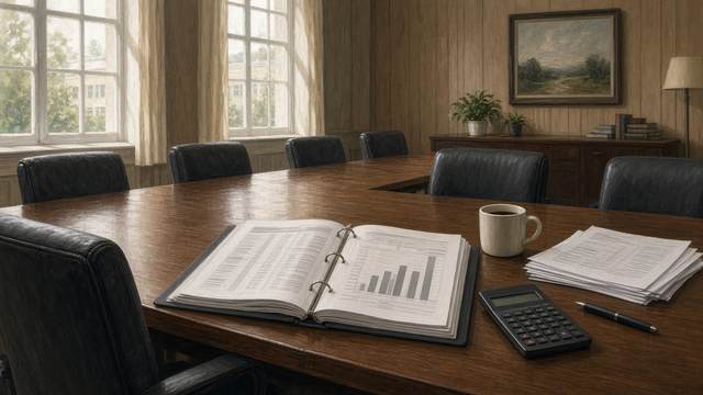 An open budget binder with columns of figures and a bar chart on a conference table, beside a calculator, a pen, a coffee mug and a stack of printouts