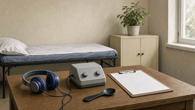A school nurse's desk with child-size headphones plugged into a small gray hearing-test unit, a black eye-cover paddle and a blank clipboard, with a cot behind