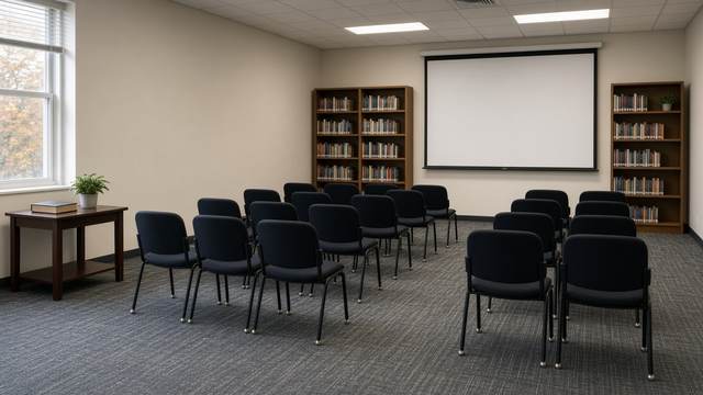 Rows of empty chairs facing a blank screen between bookshelves in a library meeting room.