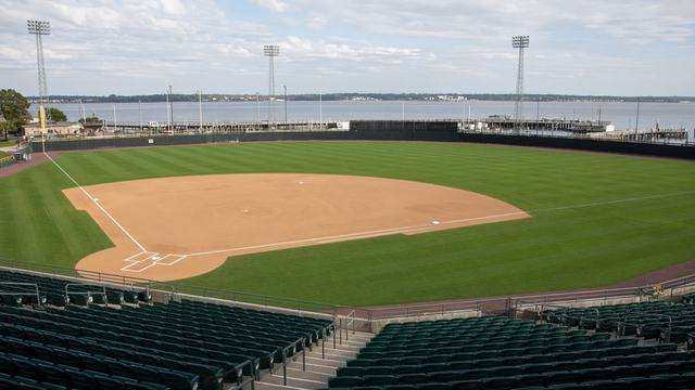 Empty Harbor Park diamond in Norfolk under afternoon light