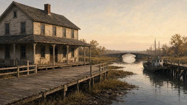 A weathered two-story wooden building with a long empty deck beside a tidal channel, with a low bridge and a docked workboat behind it
