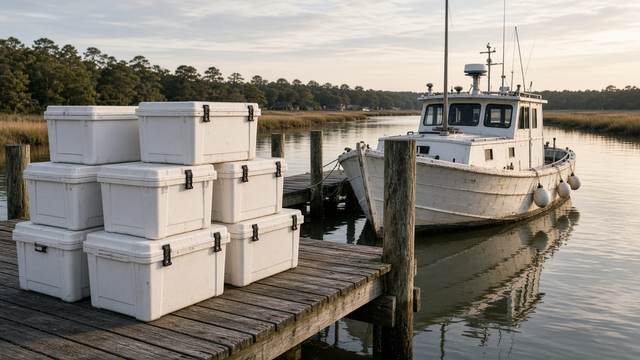 White insulated coolers stacked on a wooden dock beside a workboat on a calm tidal creek