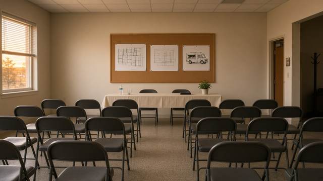Empty folding chairs facing a table in a small meeting room, with two house floor plans and a food truck drawing pinned to a corkboard