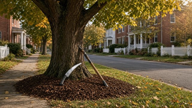Mulched shade tree with pruning tools on a quiet residential street