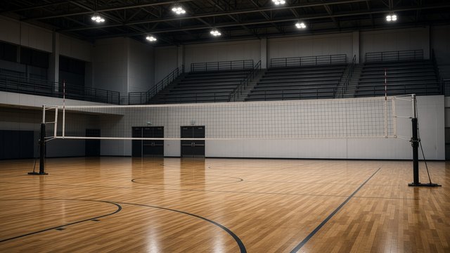 Photorealistic empty college volleyball court with a net and polished gym floor under arena lights