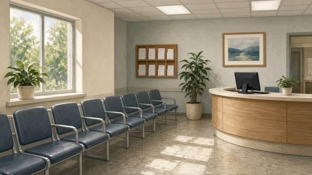 An empty clinic waiting room with a row of blue chairs by a window, potted plants, a wall rack of pamphlets and a curved reception desk with a computer monitor