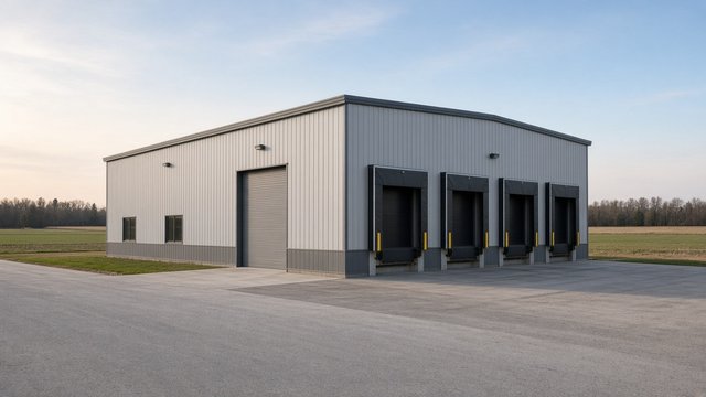 Single-story industrial building with loading docks beside farm fields