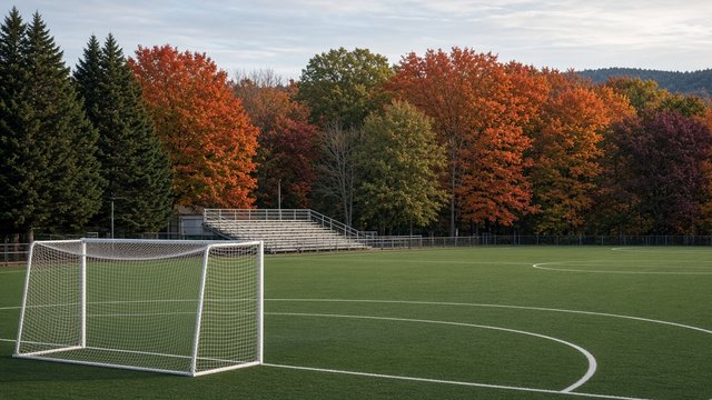 Photorealistic afternoon photo of an empty college field hockey turf with a goal cage and white striking circle, a small stadium grandstand behind it and trees turning color, no people in view