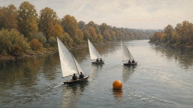 Three small sailboats with two sailors each head toward an orange buoy on a wide river lined with fall trees