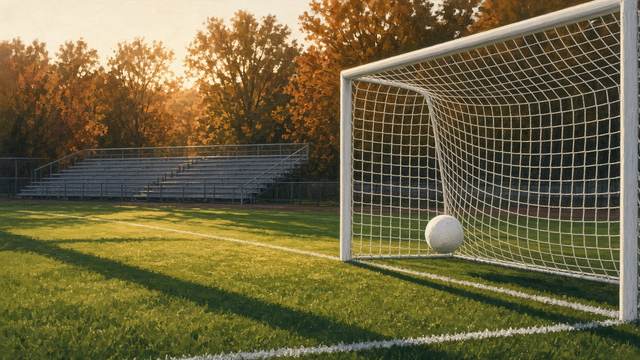 A soccer ball in the back of a goal net on a sunlit college field, with empty bleachers and orange autumn trees behind