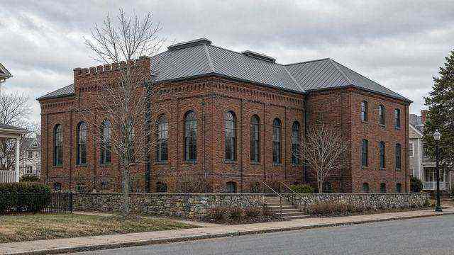 Brick former Easton Armory on Harrison Street after roof work