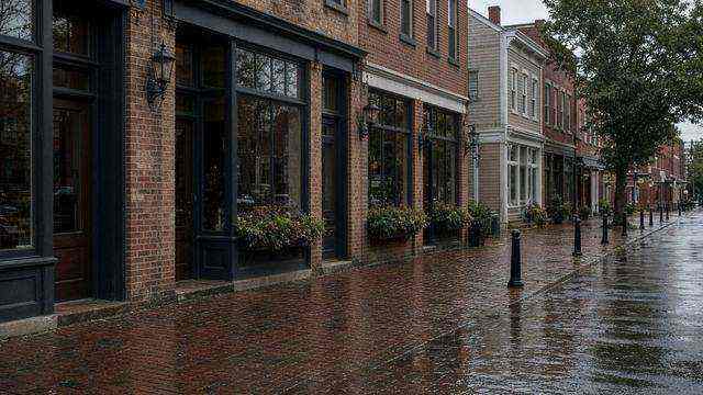 Downtown Easton storefronts and Harrison Street after rain
