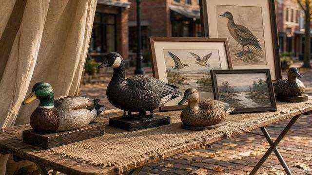 Wooden decoys and wildlife art on a downtown Easton festival table