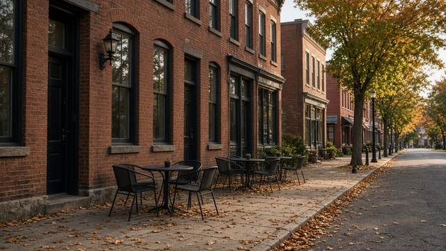 Downtown Easton storefronts with empty sidewalk tables