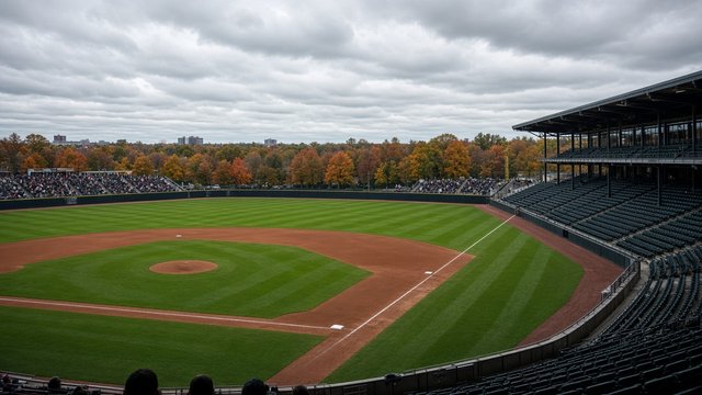 Photorealistic photo of an open-air ballpark on an overcast autumn afternoon, seen from the upper deck down the right-field line, with the infield dirt and outfield grass in sharp focus and no signage legible